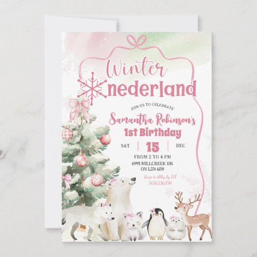 Winter Onederland Arctic Animal Girl 1st Birthday Kaart (Voorkant)