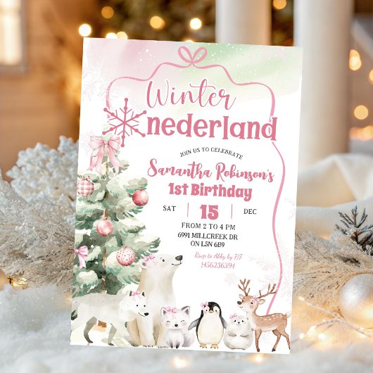 Winter Onederland Arctic Animal Girl 1st Birthday Kaart