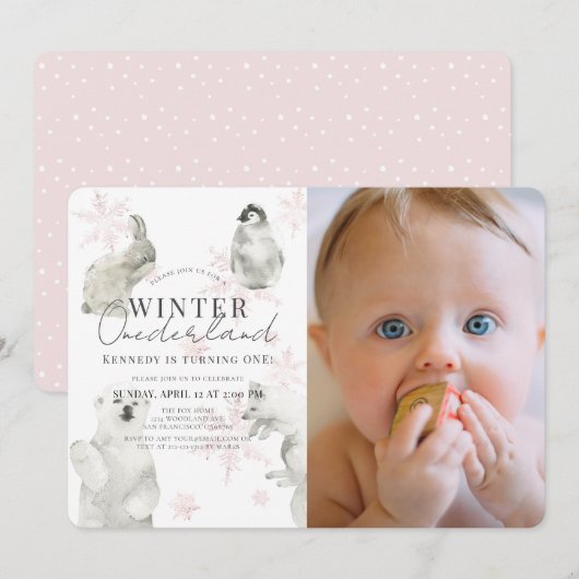 Winter Onederland Arctic Animals Girl 1e verjaarda Kaart (Voorkant / Achterkant)