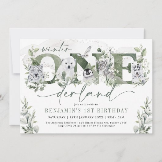 Winter Onederland Arctic Animals Greenery Birthday Kaart (Voorkant)