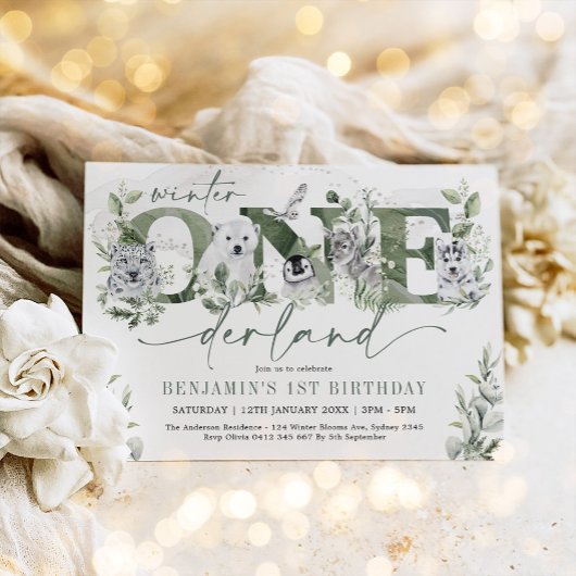 Winter Onederland Arctic Animals Greenery Birthday Kaart