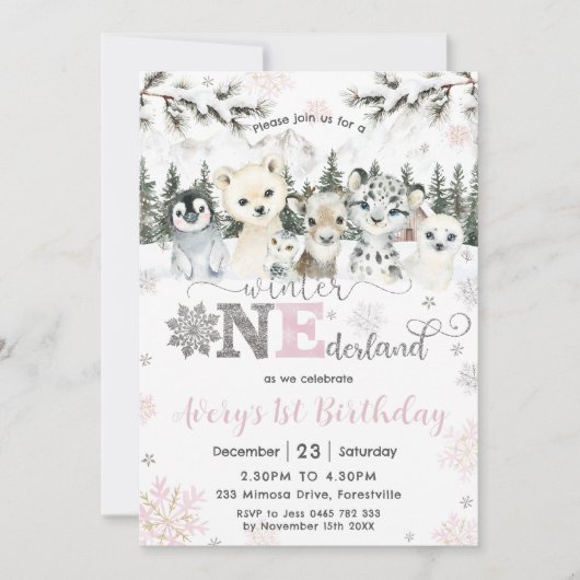 Winter Onederland Arctic Animals Snow 1st Birthday Kaart (Voorkant)