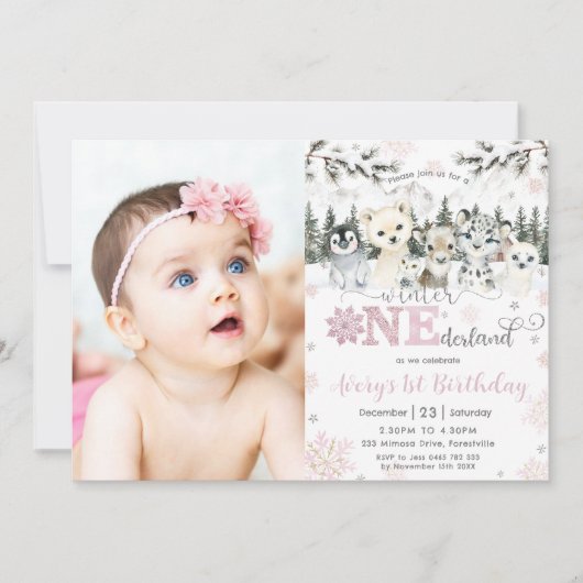 Winter Onederland Arctic Animals Snow 1st Birthday Kaart (Voorkant)