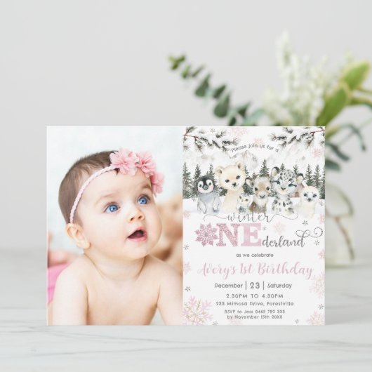 Winter Onederland Arctic Animals Snow 1st Birthday Kaart (Staand voorkant)
