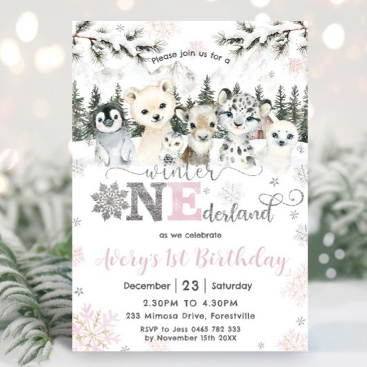 Winter Onederland Arctic Animals Snow 1st Birthday Kaart