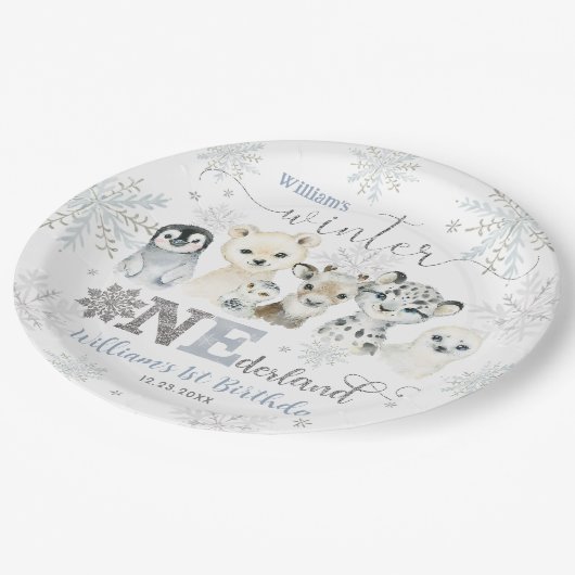 Winter Onederland Arctic Animals Snow 1st Birthday Papieren Bordje (Gekanteld)