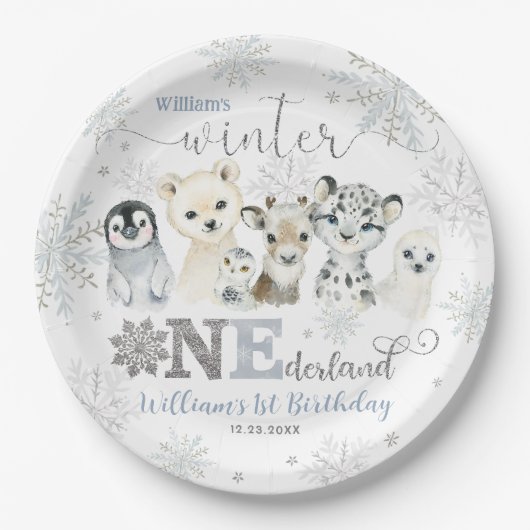 Winter Onederland Arctic Animals Snow 1st Birthday Papieren Bordje (Voorkant)