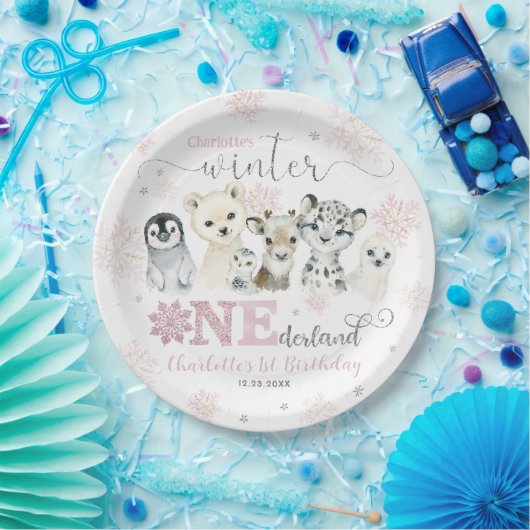 Winter Onederland Arctic Animals Snow 1st Birthday Papieren Bordje (Feest)