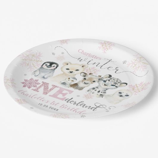 Winter Onederland Arctic Animals Snow 1st Birthday Papieren Bordje (Gekanteld)