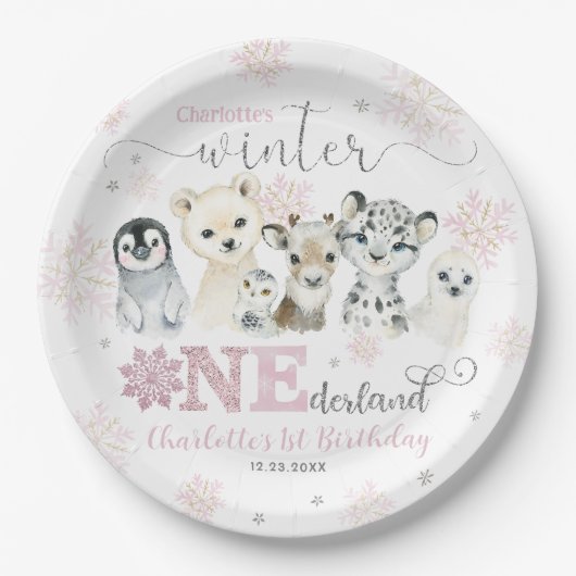 Winter Onederland Arctic Animals Snow 1st Birthday Papieren Bordje (Voorkant)