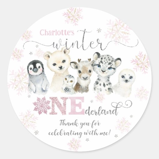 Winter Onederland Arctic Animals Snow 1st Birthday Ronde Sticker (Voorkant)