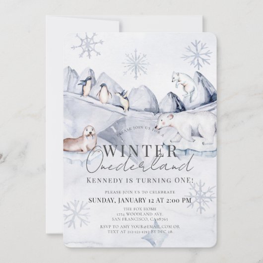 Winter Onederland Arctische dieren 1e verjaardag Kaart (Voorkant)