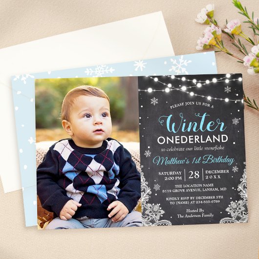 Winter ONEderland Baby Boy First Birthday Foto Kaart