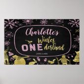 Winter Onederland Banner Glitter Roze Sneeuwvlokke Poster (Voorkant)