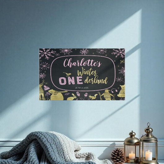 Winter Onederland Banner Glitter Roze Sneeuwvlokke Poster