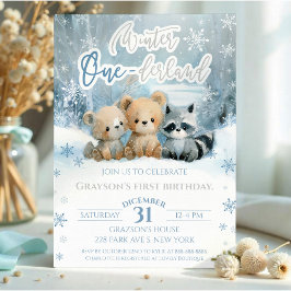 Winter Onederland Bear Baby Blue First Birthday Kaart