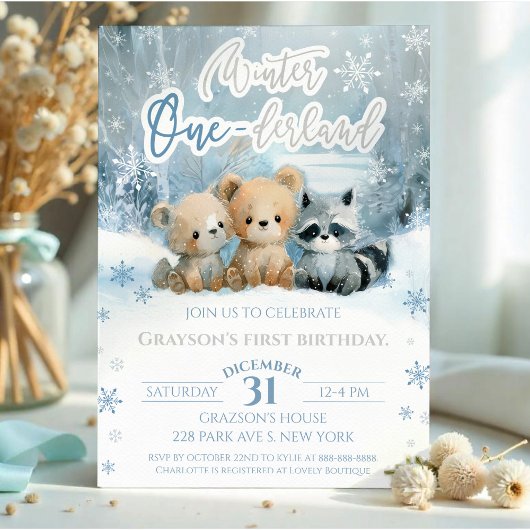 Winter Onederland Bear Baby Blue First Birthday Kaart