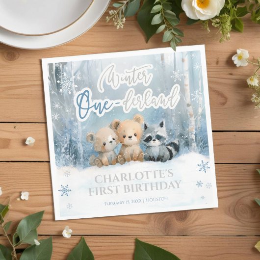 Winter Onederland Bear Blue First Birthday Party Servet