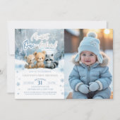 Winter Onederland Bear Blue First Birthday Photo Kaart (Voorkant)