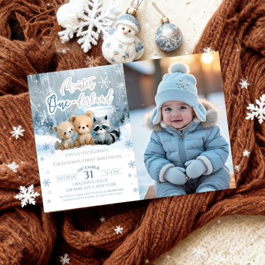 Winter Onederland Bear Blue First Birthday Photo Kaart
