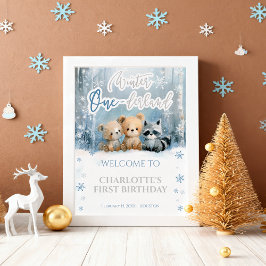 Winter Onederland Bear Blue First Welcome Sign Poster