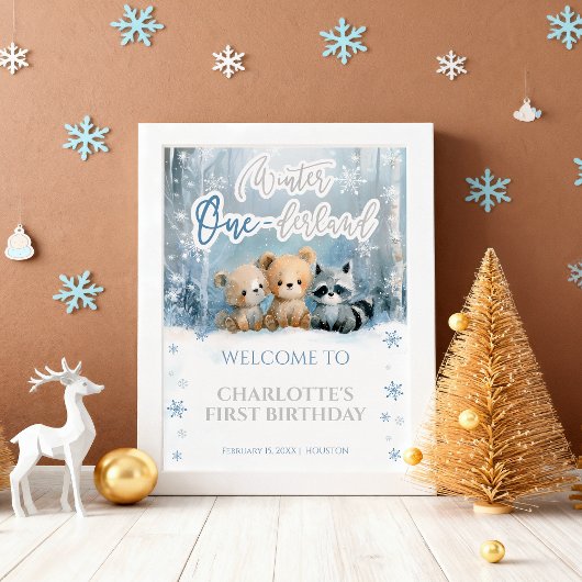 Winter Onederland Bear Blue First Welcome Sign Poster