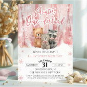 Winter Onederland Bear Pink First Birthday Kaart