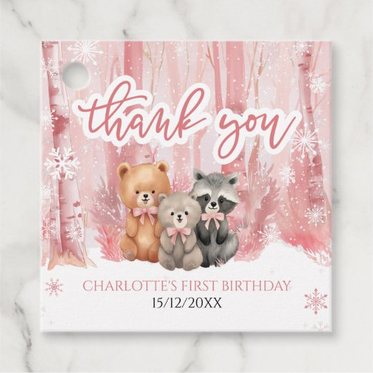 Winter Onederland Bear Pink First Birthday Party Bedankjes Labels (Voorkant)