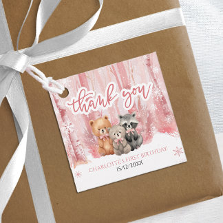 Winter Onederland Bear Pink First Birthday Party Bedankjes Labels