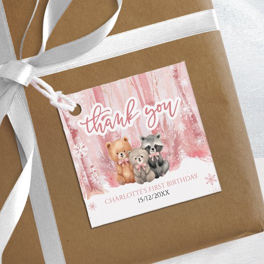 Winter Onederland Bear Pink First Birthday Party Bedankjes Labels