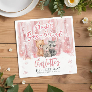 Winter Onederland Bear Pink First Birthday Party Servet
