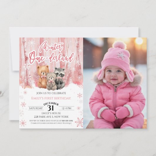 Winter Onederland Bear Pink First Birthday Photo Kaart (Voorkant)