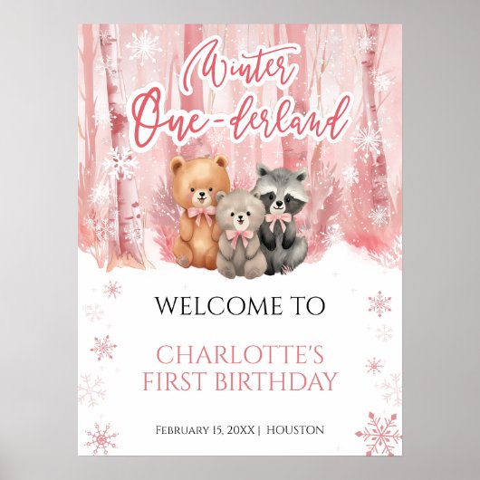 Winter Onederland Bear Pink First Welcome Sign Poster (Voorkant)