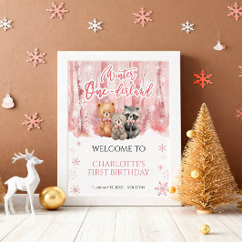 Winter Onederland Bear Pink First Welcome Sign Poster