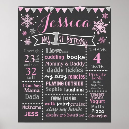 Winter Onederland Birthday Chalkboard - Girl Poster (Voorkant)