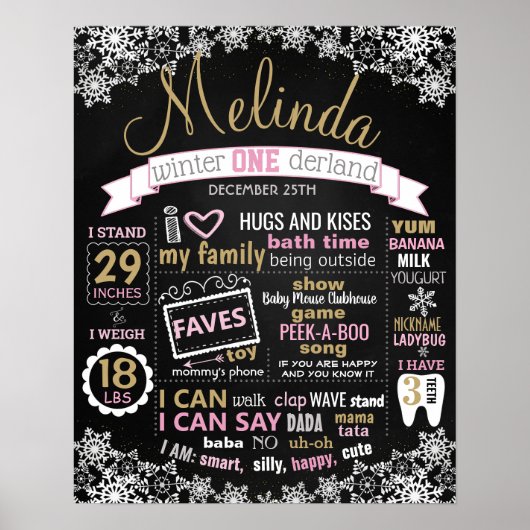 Winter Onederland Birthday chalkboard meisje Poster (Voorkant)