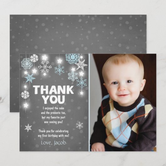 Winter ONEderland Birthday Dank u Kaart Jongen Blu (Voorkant / Achterkant)