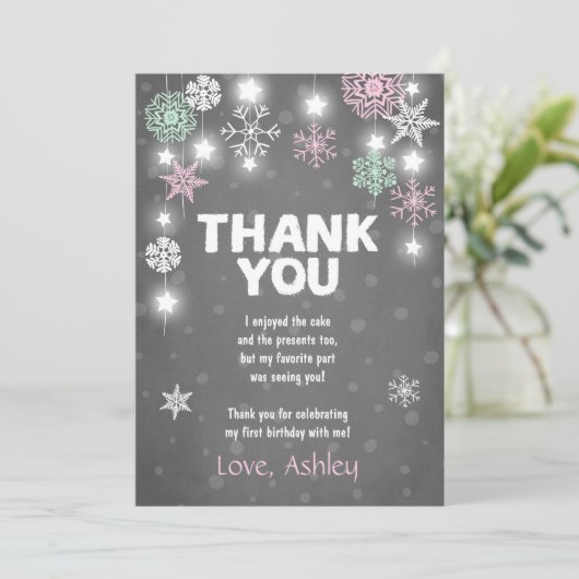 Winter ONEderland Birthday Dank u wel roze kaart (Staand voorkant)