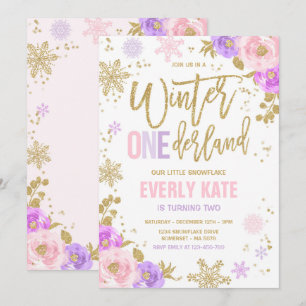 Winter ONEderland Birthday Gold Pink Snowflake Kaart