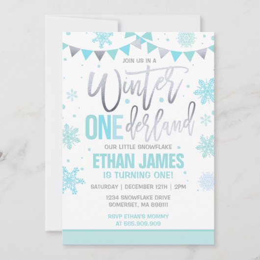 Winter ONEderland Birthday Invitation Blue & Blauw Kaart (Voorkant)