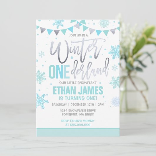 Winter ONEderland Birthday Invitation Blue & Blauw Kaart (Staand voorkant)