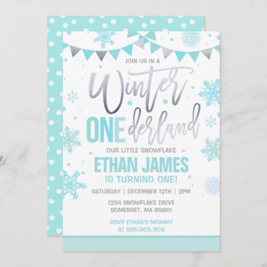 Winter ONEderland Birthday Invitation Blue & Blauw Kaart (Voorkant / Achterkant)