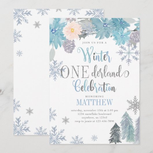 Winter ONEderland Birthday Invitation Blue Boy Kaart (Voorkant / Achterkant)