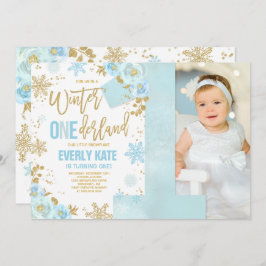 Winter ONEderland Birthday Invitation Blue Gold Kaart