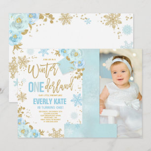 Winter ONEderland Birthday Invitation Blue Gold Kaart
