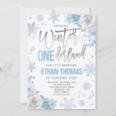 Winter ONEderland Birthday Invitation Blue Silver Kaart (Voorkant)