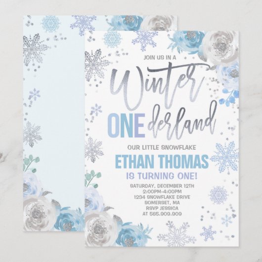 Winter ONEderland Birthday Invitation Blue Silver Kaart (Voorkant / Achterkant)