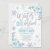 Winter ONEderland Birthday Invitation Blue Silver Kaart (Voorkant)