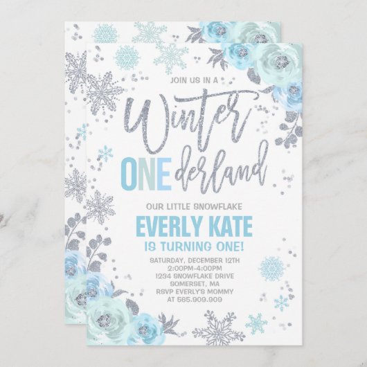 Winter ONEderland Birthday Invitation Blue Silver Kaart (Voorkant / Achterkant)
