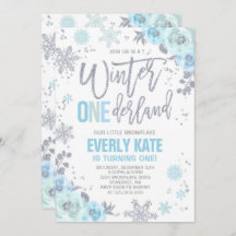 Winter ONEderland Birthday Invitation Blue Silver